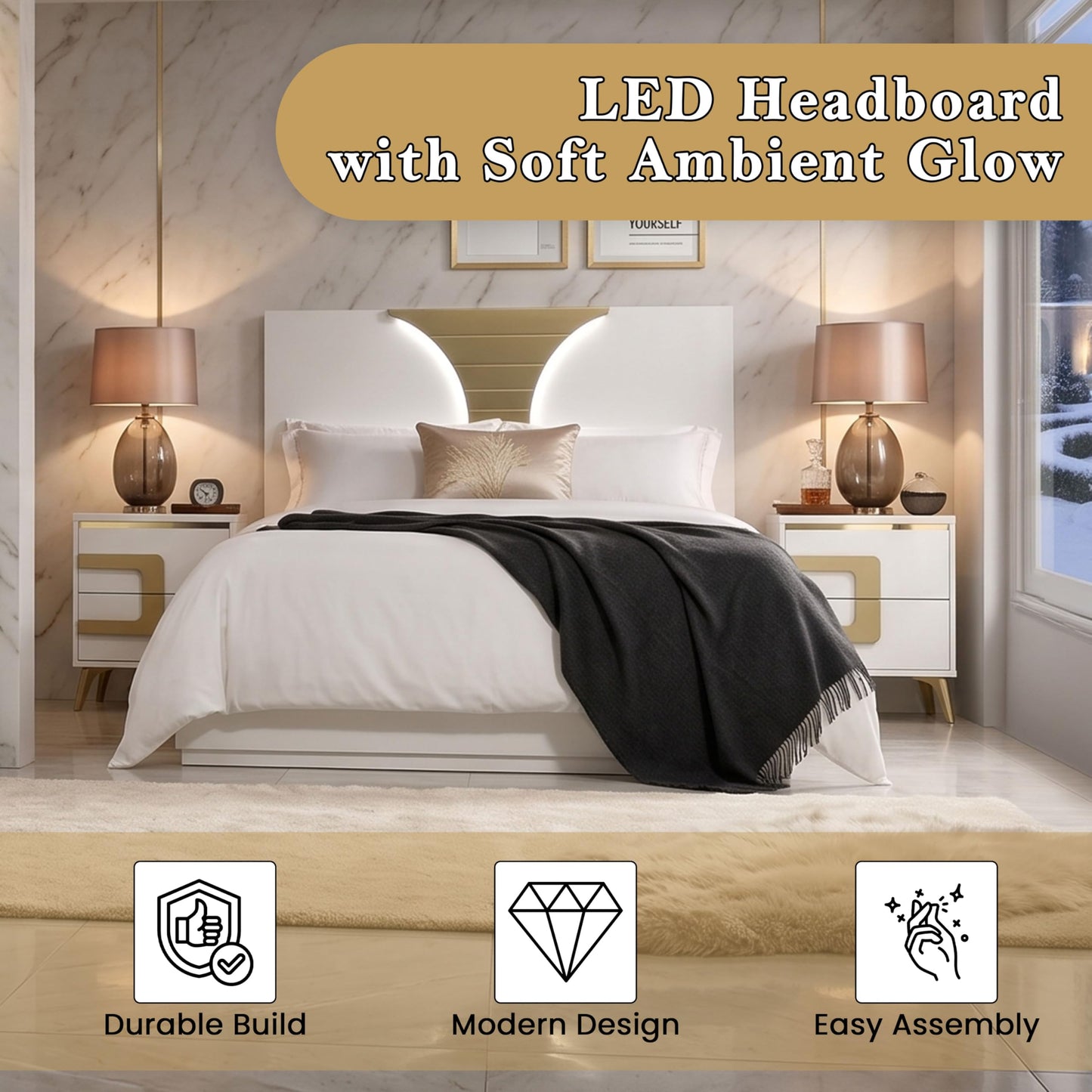 Kings Brand Furniture Claire 6-Piece Queen Size Bedroom Set - Bed with LED Headboard, Dresser, Mirror, Chest and 2 Nightstands, White/Gold