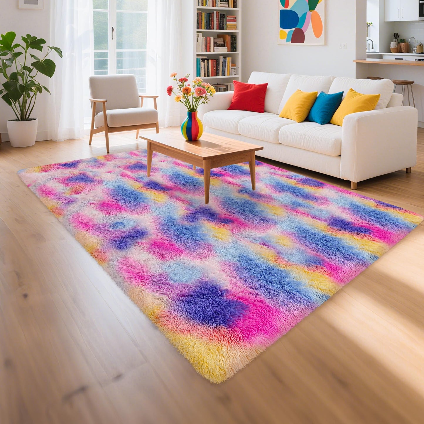 TENNOLA Rainbow Area Rugs 5x8 ft,Tie-Dyed Unicorn Fluffy Fuzzy Shaggy Carpet Soft Plush Furry Rug,for Bedroom Living Room Indoor Floor Rug Kids Girls Boys Home Decor Aesthetic, Dorm Nursery