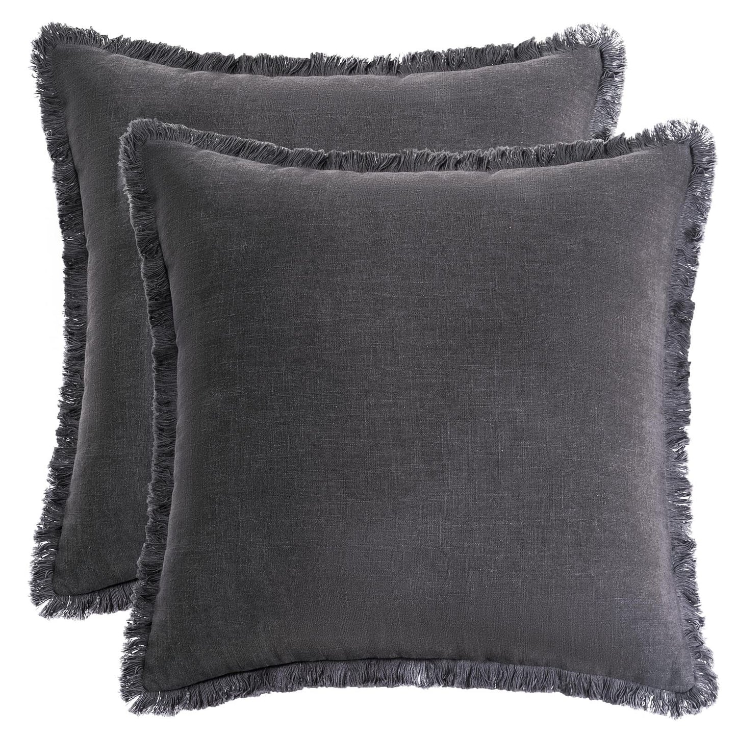AmHoo Pack of 2 Linen Pillow Covers with Tassels Fringed Decorative Rustic Natural Throw Pillowcase Cushion for Couch Sofa Bedroom 18 x 18-Inch Dark Grey