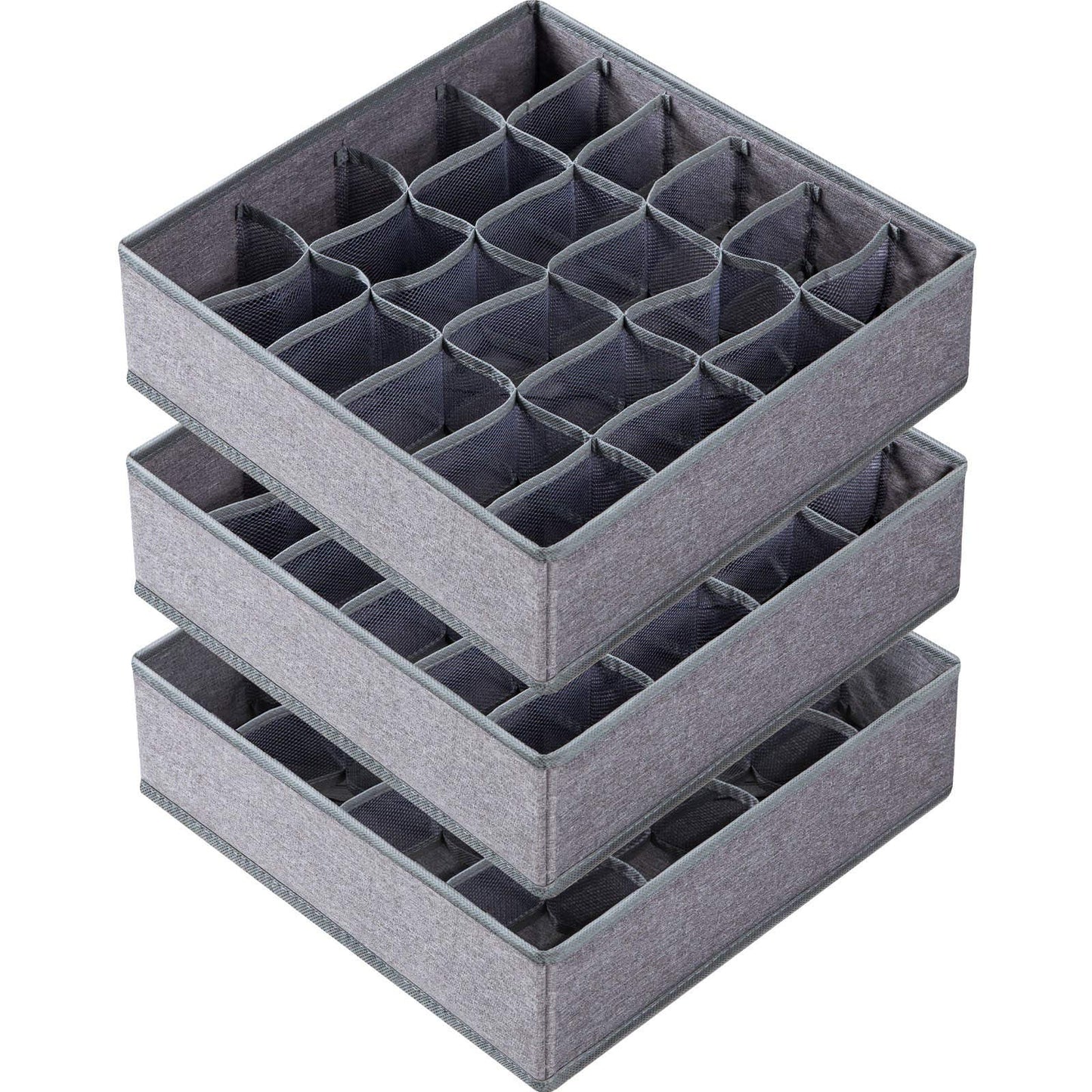 Criusia 3 Pack Sock Underwear Drawer Organizer Dividers, 64 Cell Fabric Foldable Dresser Organizer for Closet Organizers and Storage Boxes for Organizing Socks, Underwear, Ties (16+24+24 Cell, Gray)