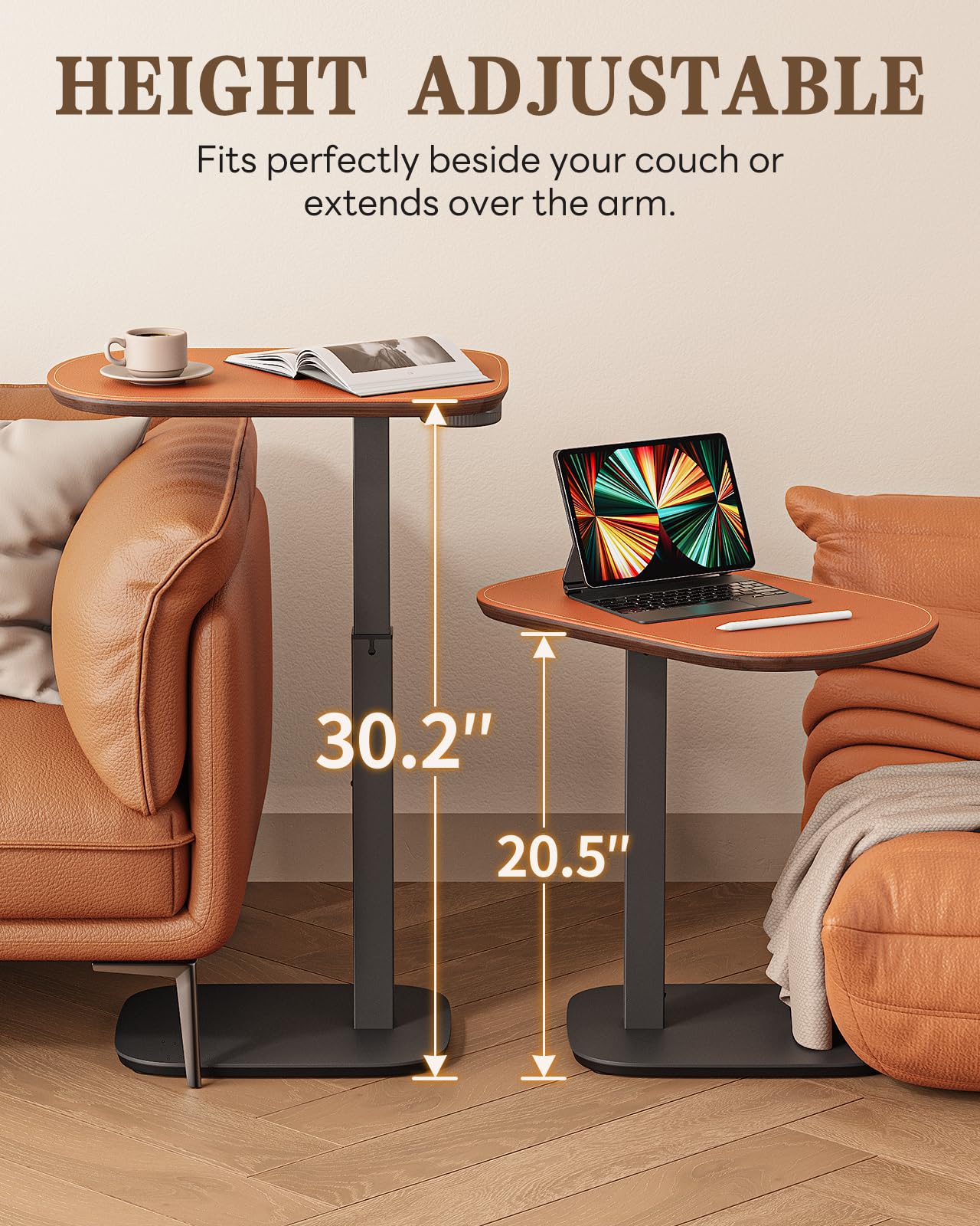SAIJI Swivel Top TV Tray, Adjustable Height & Large Size & Heavy Duty Side Table for Couch, Sofa, Bed, Recliner, Living Room, C Shaped End Table for Eating, Dinner or Laptop, Small Spaces