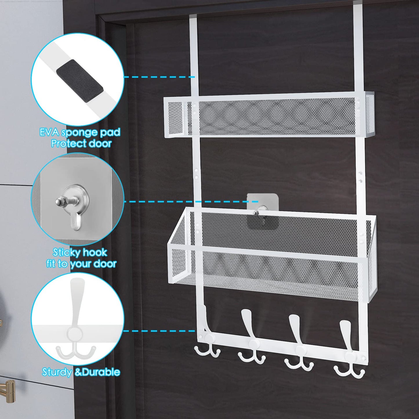 Kaiferty Over The Door Hooks Organizer, Coat Rack Over The Door Storage Hanger Towel Rack, Back of Door Storage Organizer for Bathroom,Bedroom,Kitchen,Office (White, 3-Tier)