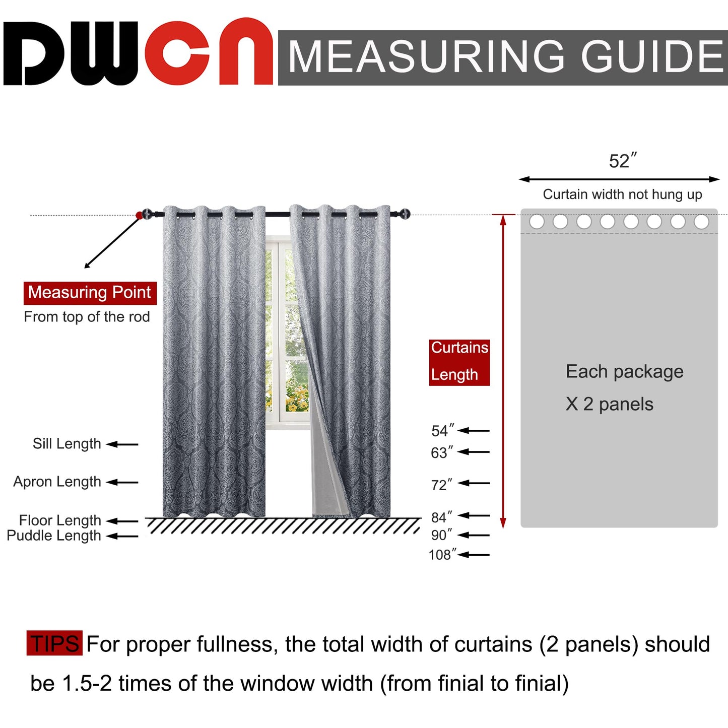 DWCN Grey 100% Blackout Curtains for Bedroom 84 Inch Long - Double Layers Damask Patterned Ombre Thermal Insulated Energy Saving Drapes for Living Room, Gradient Window Curtain 2 Panels, 52 x 84 Inch