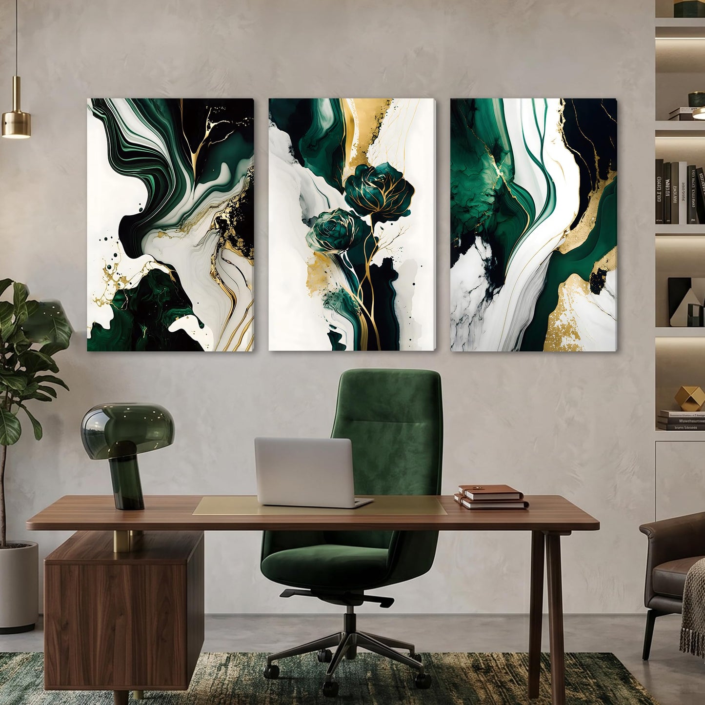 EJPFOGV Large Framed Abstract Wall Art Set of 3, Green and Gold Marble Texture with Floral Motif, Easy to Hang & Fade Resistant Art Prints, Wall Decor for Bedroom, Living Room, Home Office, 24x36 Inch