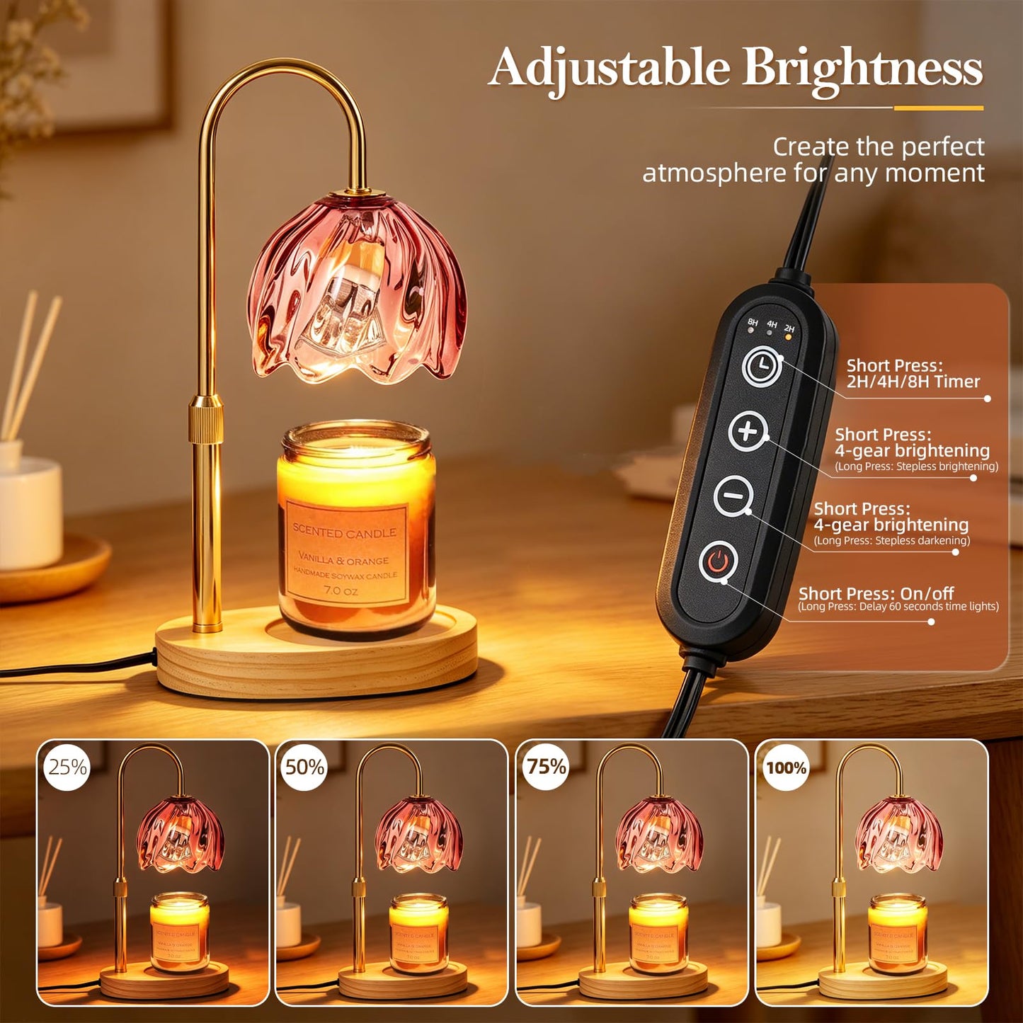 Flower Candle Warmer Lamp with Timer, Dimmable Adjustable Height Wax Melts Warmer for Jar Candles, Birthday Gifts for Women Mom, House Warming Gifts New Home, Bedroom Living Room Decor (Rose Red)