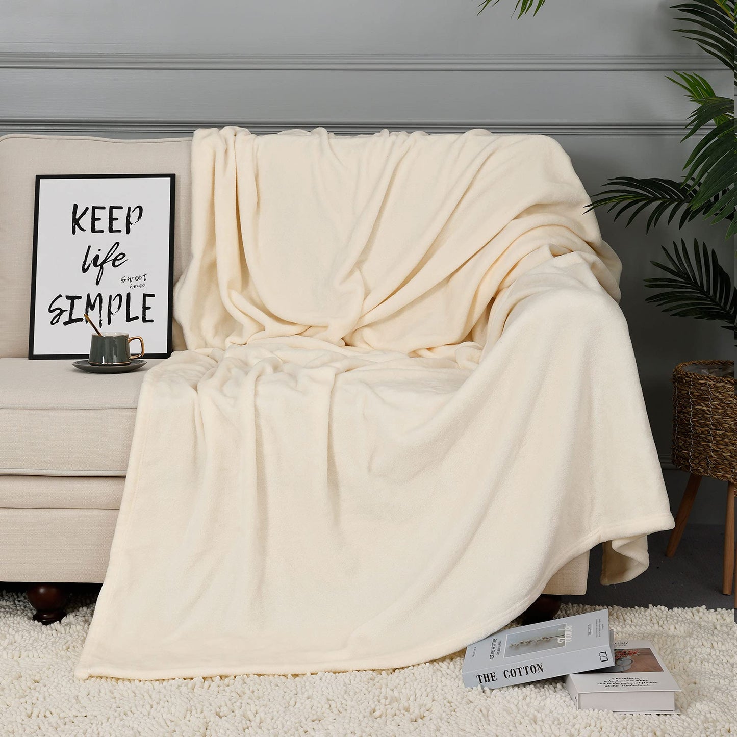 NANPIPER Fleece Blankets, Super Soft Flannel Queen Size Blanket for Bed, Luxury Cozy Microfiber Plush Fuzzy Blanket,Ivory White