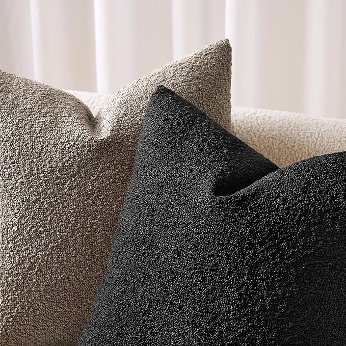 ANRODUO Pack of 2 Textured Boucle Throw Pillow Covers Soft Black Decorative Accent Solid Pillow Cases Cozy Modern Couch Cushion Case for Chair Sofa Bedroom Living Room Home Decor, 20 x 20 Inch