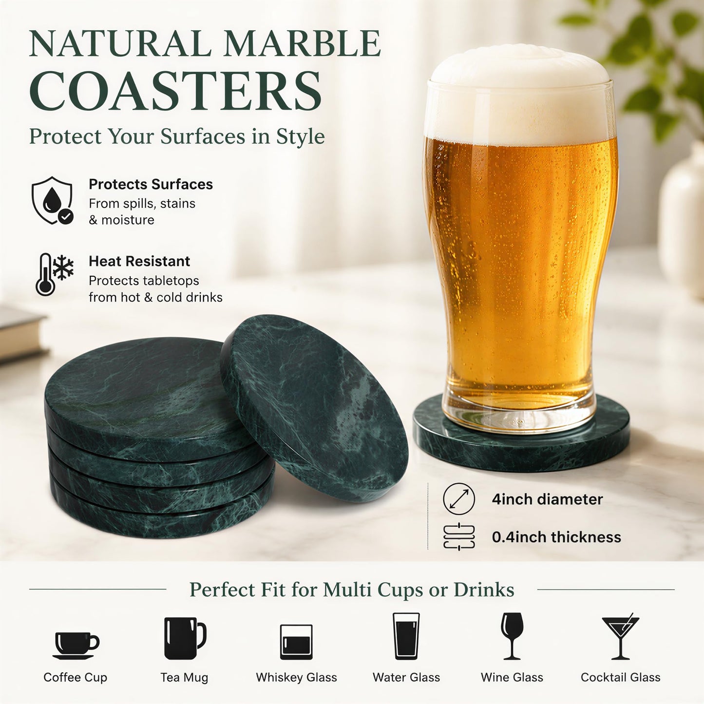 CASACOUTURE Green Marble Coasters Set of 4, Natural Stone Drink Coasters 4 Inch Round, Non-Slip Cork Bottom, Heat & Water Resistant, Protects Table Surfaces, Elegant Home Decor — Housewarming Gift