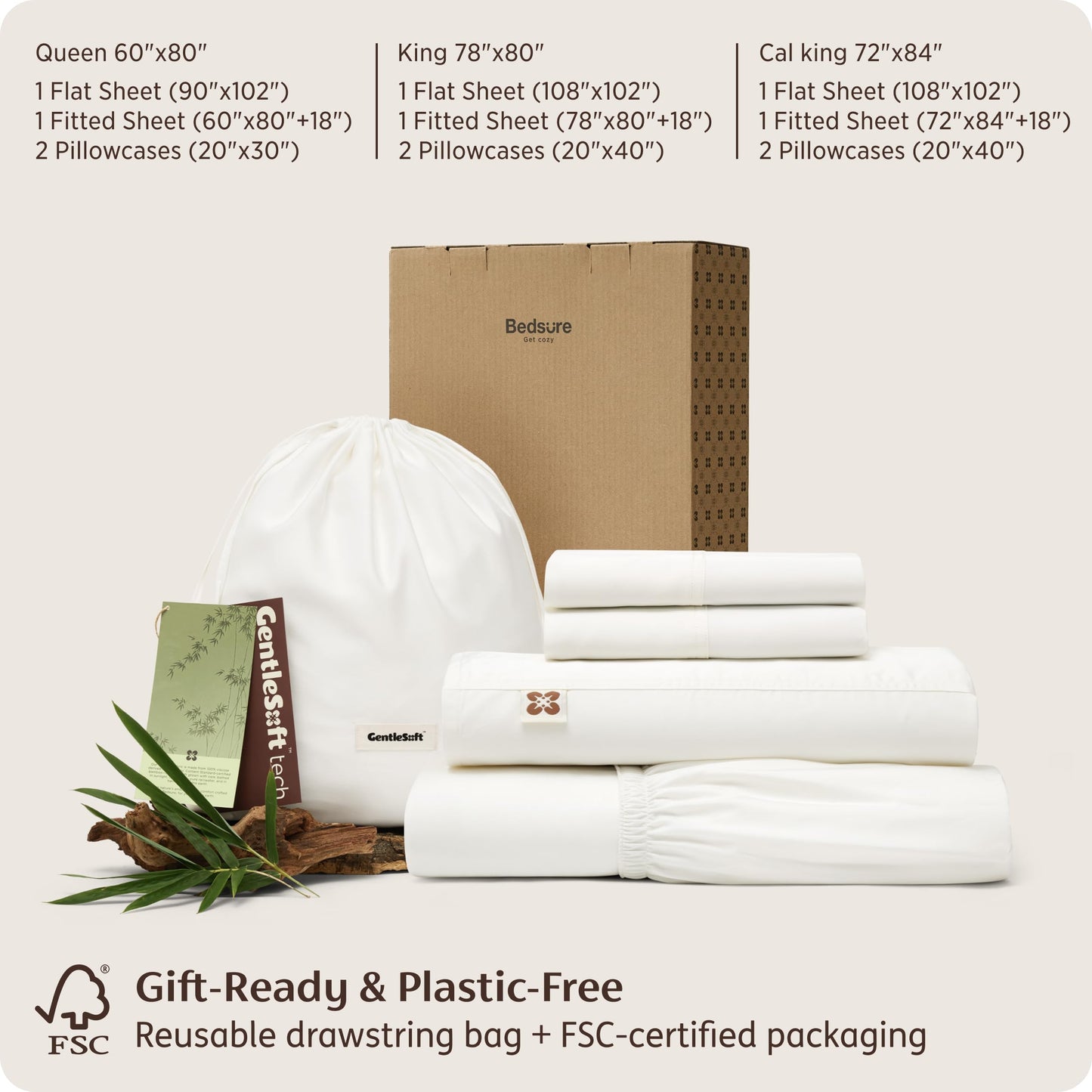 Bedsure 100% Organically Grown Bamboo Viscose Queen Sheet Set | Cooling Bedsheets for Hot Sleepers | Luxury Silky Soft PureWoven | 18" Deep Pocket with Corner Straps | Oeko-Tex Certified [White]