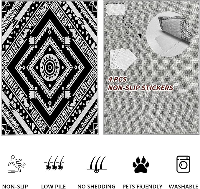 Area Rugs for Living Room 3x4, Moroccan Washable Low Pile Rug, Boho Neutral Farmhouse Ultra Soft Carpet for Bedroom Dining Room Home Decor, Geometric Print Tribal Carpets Black and White
