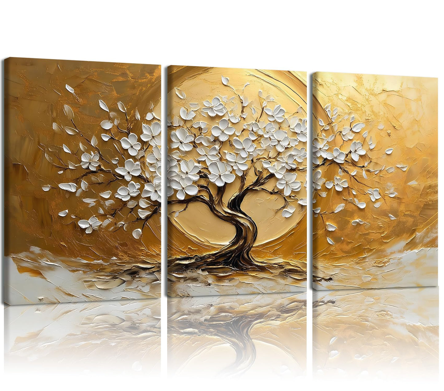 RZIGERNO 3 Pcs Tree of Life Canvas Wall Art Gold White Floral Poster Printing Lucky Tree Money Tree Framed Painting Artwork 16x24 Inch Modern Abstract Wall Decor for Living Room Bedroom Office