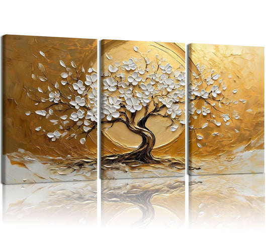 RZIGERNO 3 Pcs Tree of Life Canvas Wall Art Gold White Floral Poster Printing Lucky Tree Money Tree Framed Painting Artwork 16x24 Inch Modern Abstract Wall Decor for Living Room Bedroom Office