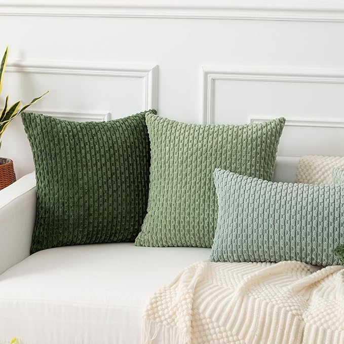 Kevin Textile Throw Pillow Covers Soft Corduroy Decorative Set of 2 Boho Striped Pillow Covers Pillowcases Farmhouse Home Decor for Couch Bed Sofa Living Room 24x24 Inch Moss Green