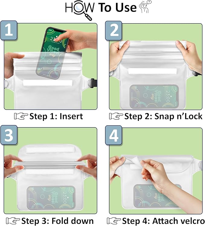 2-Pack Waterproof Fanny Pack, Phone Pouch with Waist Strap, 9x6.7 Inch Dry Bag for Phone, Cash, and Valuables – for Swimming, Kayaking, Boating, Snorkeling, and Water Sports (2, White + White)