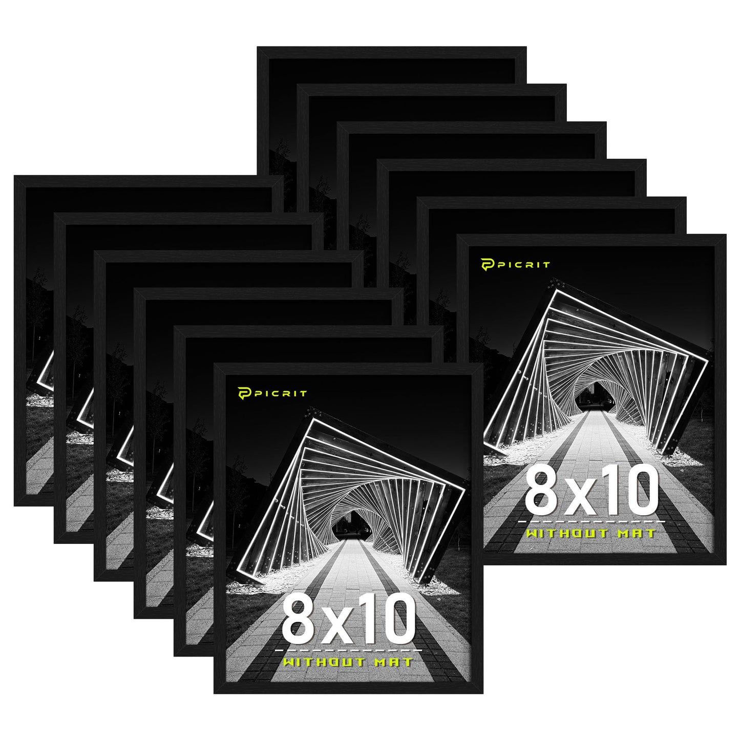 Picrit 8x10 Picture Frame Set of 12, Classic Modern Textured Black Collage Gallery Wall Set without Mat, Horizontal or Vertical Wall Mount and Tabletop Display for Home Decor