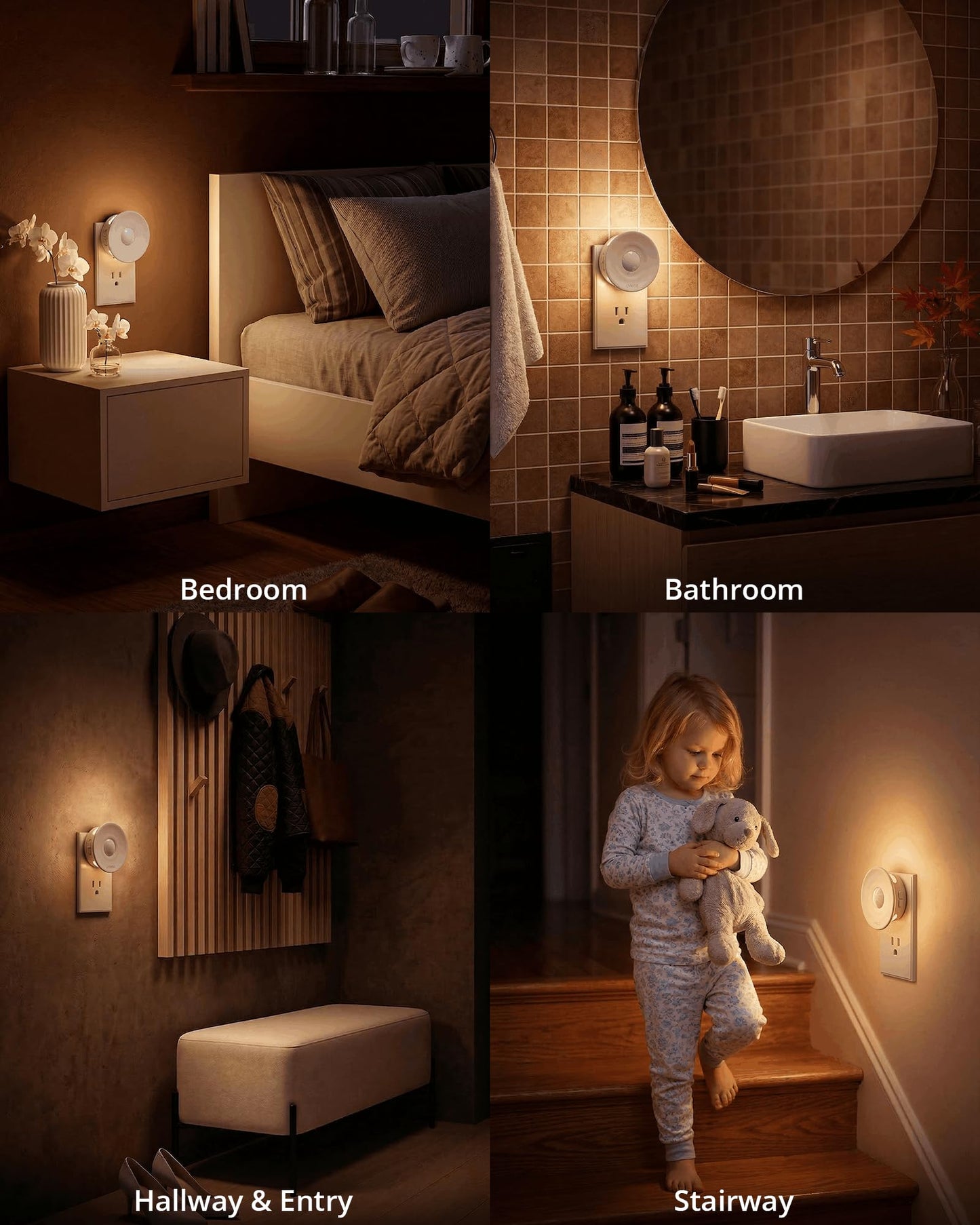 Lyridz Plug-in Backlit Motion Sensor Night Light with Dusk to Dawn Sensor, 1-50LM Precise Dimmable Wall Lights for Bedroom, Bathroom, Hallway, Stairs, Nursery, Warm White, 4-Pack
