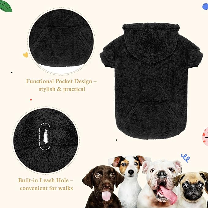 Dog Sweater,Dog Hoodies,Warm Fuzzy Fleece Sweatshirt with Hood & Pocket,Leash Hole,Cozy Cold Weather Pet Clothes Pet Sweater for Medium Large Dogs(Black,XL)