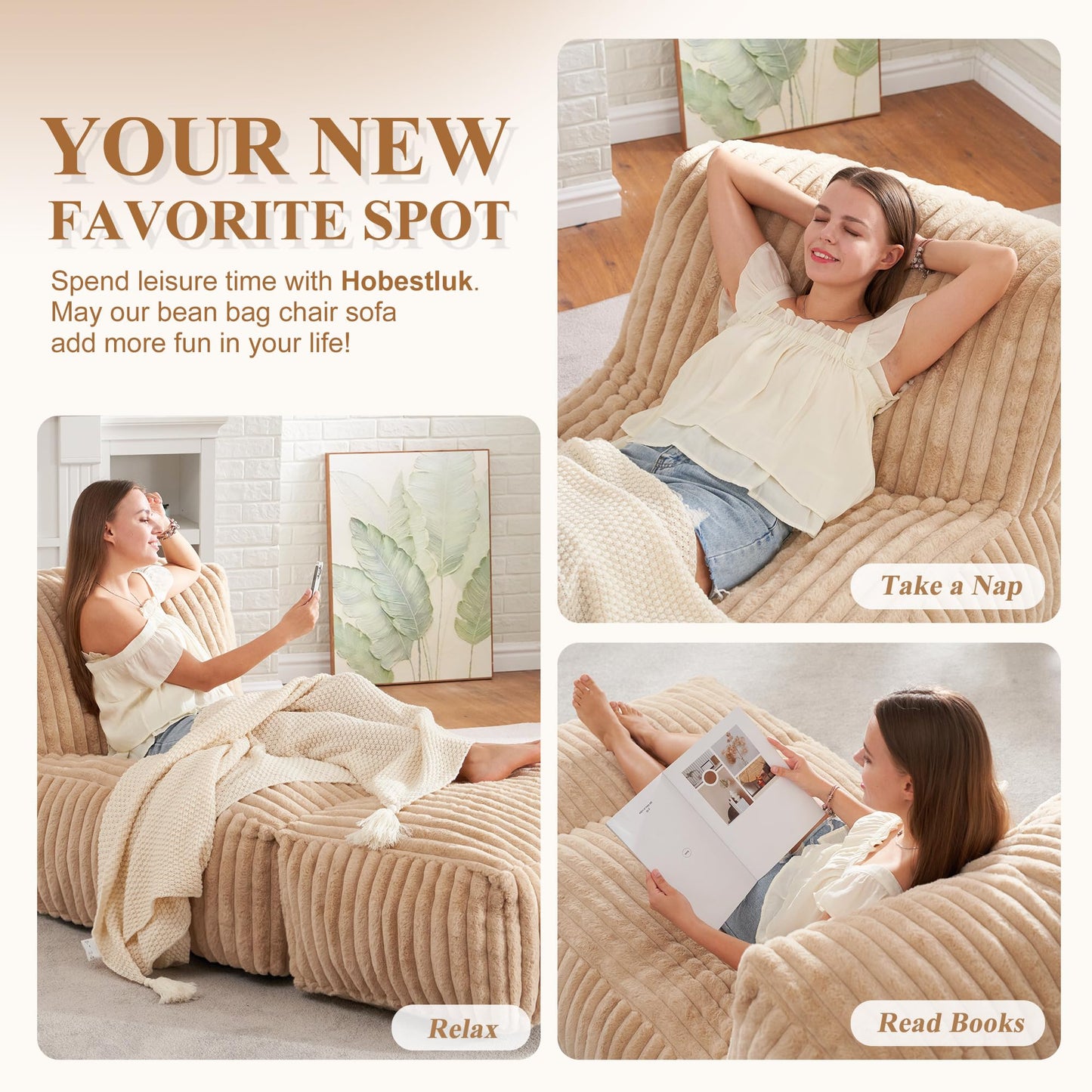 Bean Bag Chairs for Adults Giant Bean Bag Chair Memory Foam BeanBag Chair Bean Bag Sofa with Filler Faux Fur Fireside Beanbags Lazy Sofa for Living Room Bedroom Office (Khaki, Large)