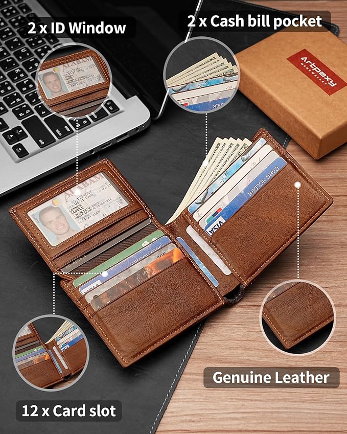 Artpaxy Mens Wallet Genuine Leather Bifold RFID Blocking Wallet for Men with 2 ID Windows 12 Card Holders 2 cash pockets 1 Gift Box