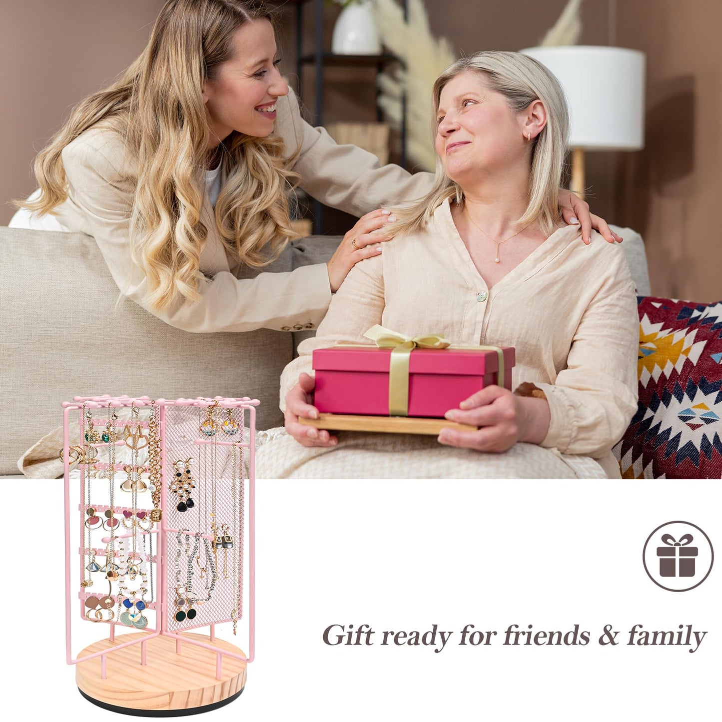 ProCase Rotating Jewelry Organizer Stand Earring Holder Organizer with 28 Necklace Hooks, Jewelry Tree Earring Stand Tower Storage Rack Bracelet Holder, Holds More than 100 Pairs Earrings -Pink