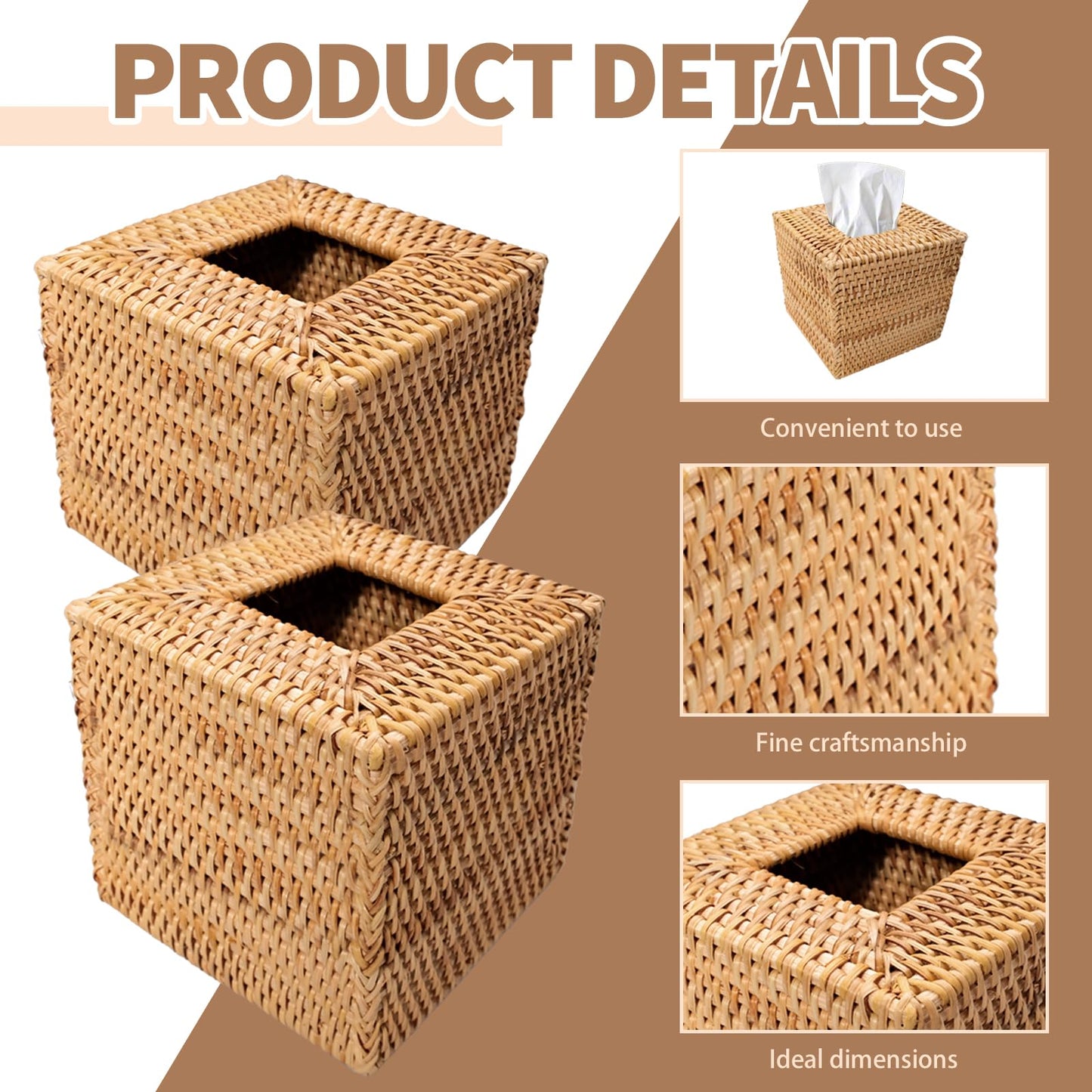 LECEHIVO 3 Pcs Square Rattan Tissue Box Cover Decorative Hand Wicker Woven Tissue Box Holder 5.5'' x 5.5'' x 5.5'' Boho Natural Tissue Cube Napkin Holder for Bathroom, Office, Car Accessories (Wood
