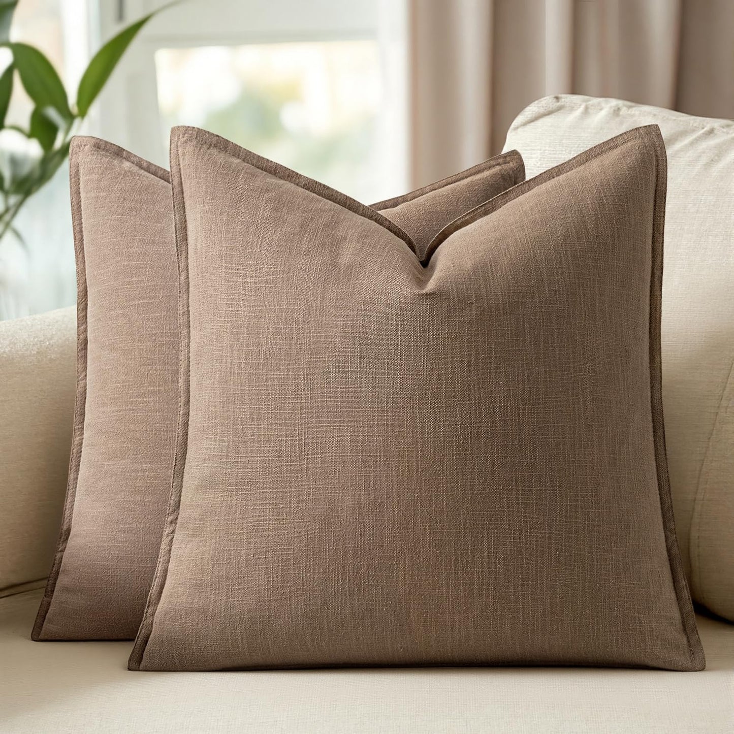 Woaboy 20x20 Inch Set of 2 Decorative Linen Solid Throw Pillow Covers Boho Accent Farmhouse Couch Pillowcases Modern Netural Home Decor for Couch Sofa Living Room Bed,Light Brown