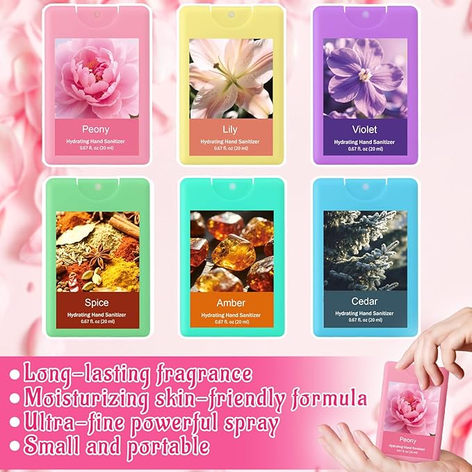 6 Pcs Hand Sanitizer Spray Travel Size Scented Hydrating Refillable Hand Sanitizer Portable Power Mist Hydrating Daily Outdoor Activities for Teacher Friend Coworker Spring Party Favor