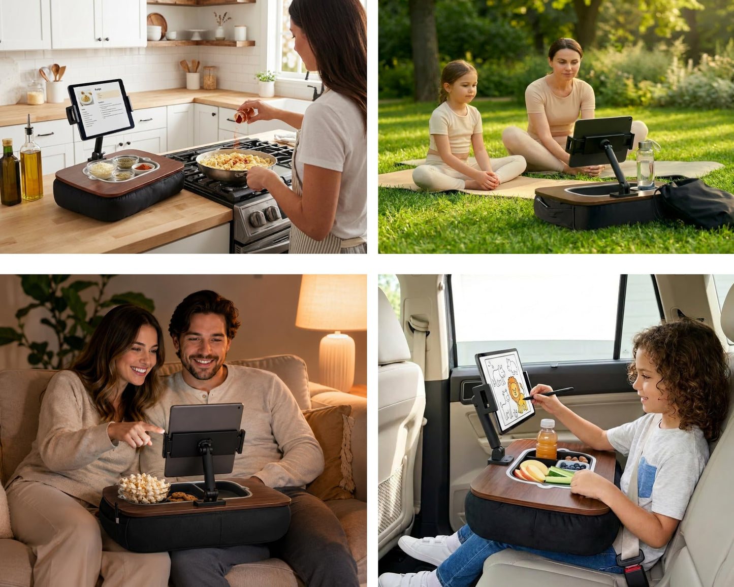 KAMRIKON Pillow Lap Desks for Adults, Adjustable Tablet Holder Fits 4.7-13 Inch Devices, Silicone Snack Tray, Spill-Resistant Lid, Stylus and Bag Included