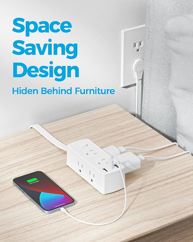 Flat Extension Cord 25ft, Olcorife Flat Plug Power Strip with 6 Outlets 3 USB Ports(1 USB C), 3-Side Outlet Extender Surge Protector for Home Office Dorm Room Essentials, White