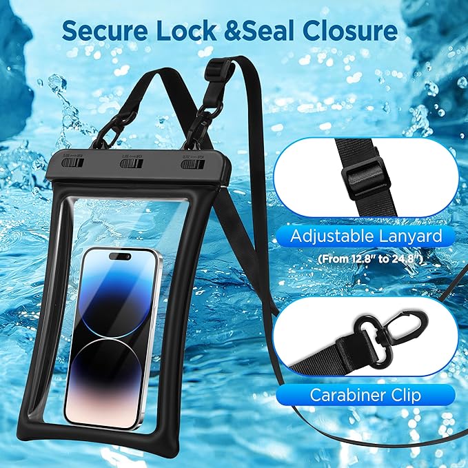 CACOE [Floatable Floating Universal IPX8 Waterproof Phone case 2 Pack-Up to 10.0",Adjustable Lanyard Phone Pouch,Cellphone Dry Bags for Vacation Beach Pool Kayak Cruise Travel Essentials（Black+Pink）