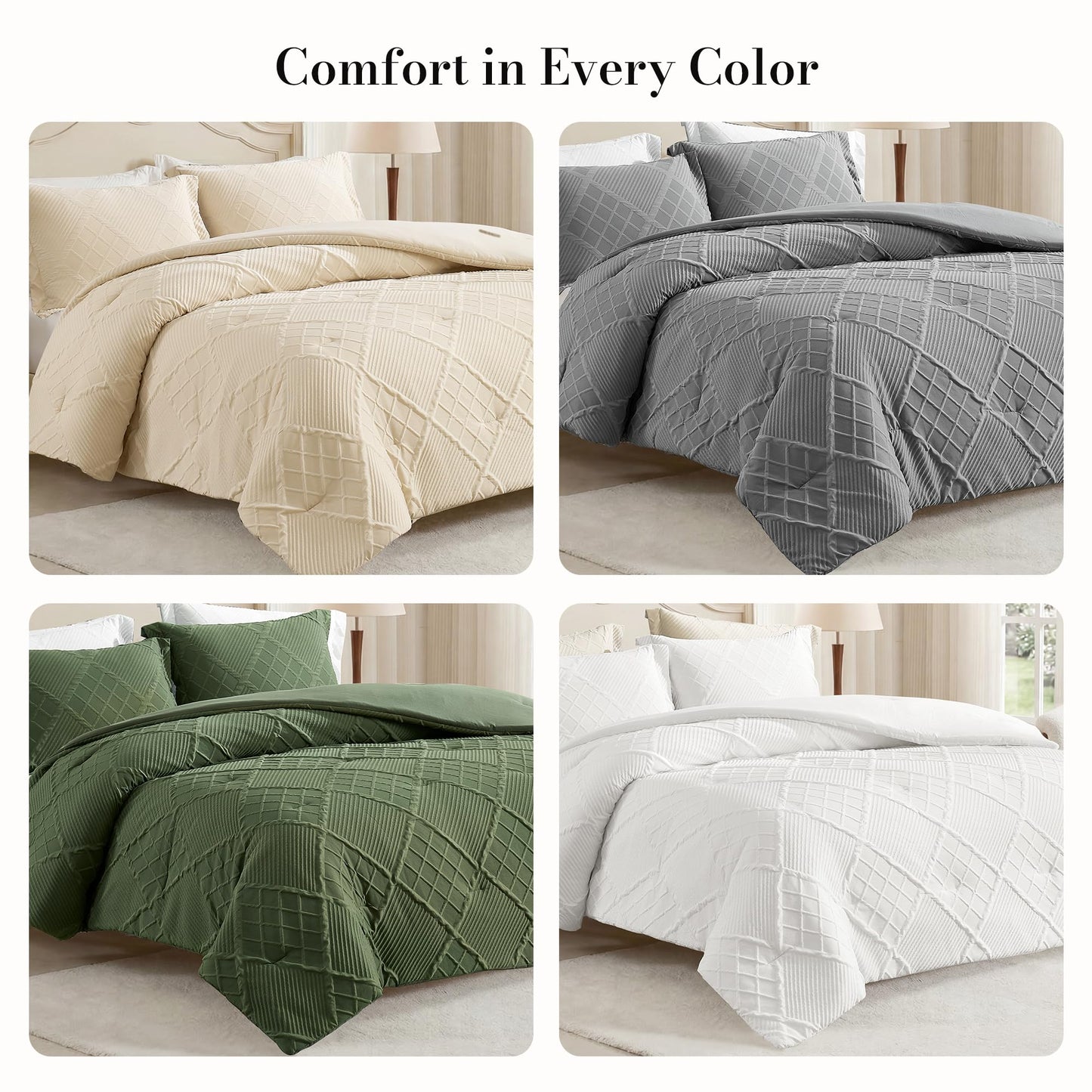 Amélie Home Queen Comforter Set, 3 Piece Beige Jacquard Bedding Set with 2 Pillow Cases, Soft Microfiber Diamond Design, Lightweight All-Season for Bedroom & Dorm