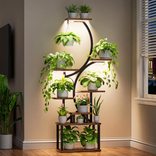 Plant Stand with Grow Lights for Indoor Plants, 8-Tiered Tall Corner Plant Shelf with Full Spectrum Light, S-Shaped Space-Saving Narrow Flower Holder, Anti-Tip for Living Room Bedroom Office, Brown