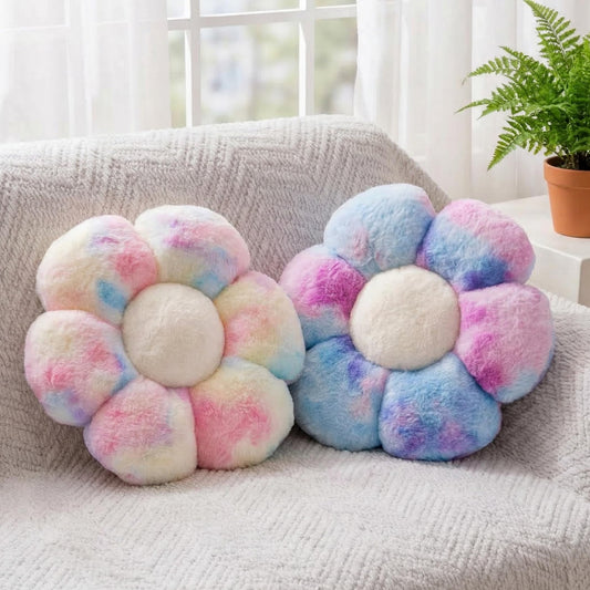 2 Pcs Colorful Throw Pillows, Daisy Shaped Flower Floor Plush Pillows Set, Cute Preppy Room Decor Decorative Throw Pillows for Girls Bedroom Decor (Multicolour Purple & Multicolour Pink, 15 INCH)