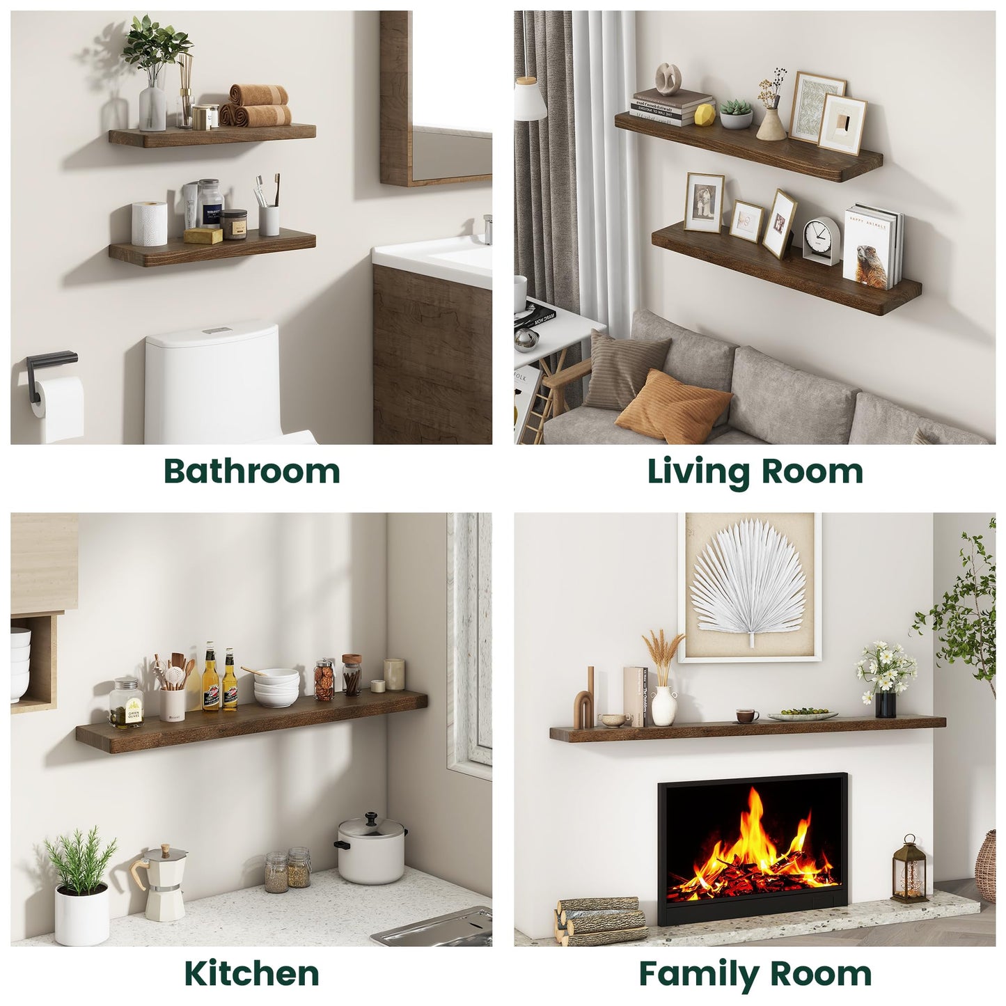 KovaScape 24 Inch Flat Edge Floating Shelves, 8 Inch Deep Solid Elm Wood Wall Shelf, Heavy-Duty Wall Mounted Shelf with Invisible Brackets for Living Room, Bathroom, Kitchen, Set of 2, Walnut Color