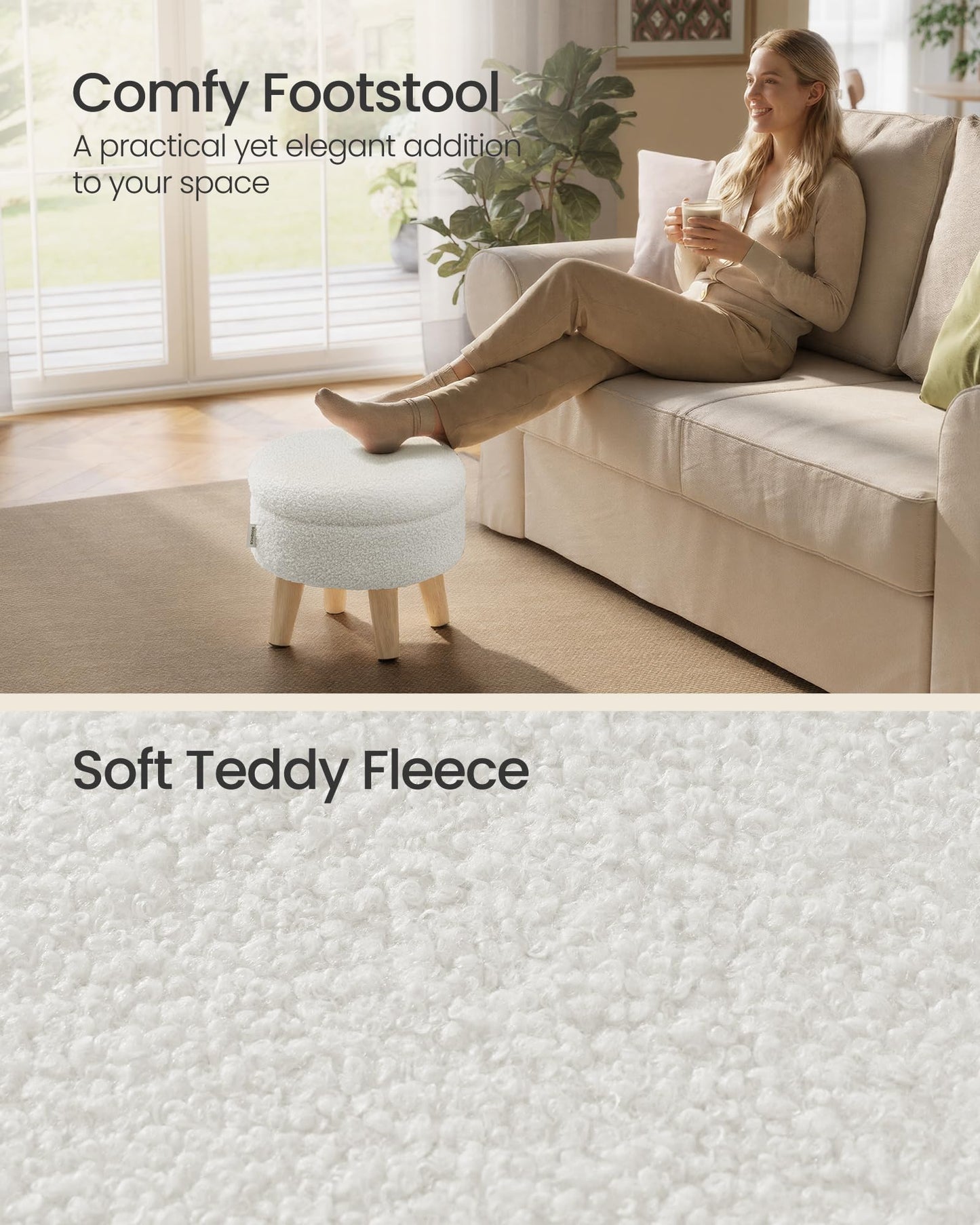 SONGMICS Storage Ottoman, Foot Stool, Round Ottoman with Padded Seat, Foot Rest with Wood Legs, Small Table, for Hallway, Living Room, 12.2 Inches, Teddy Fleece, White ULOM515WD01