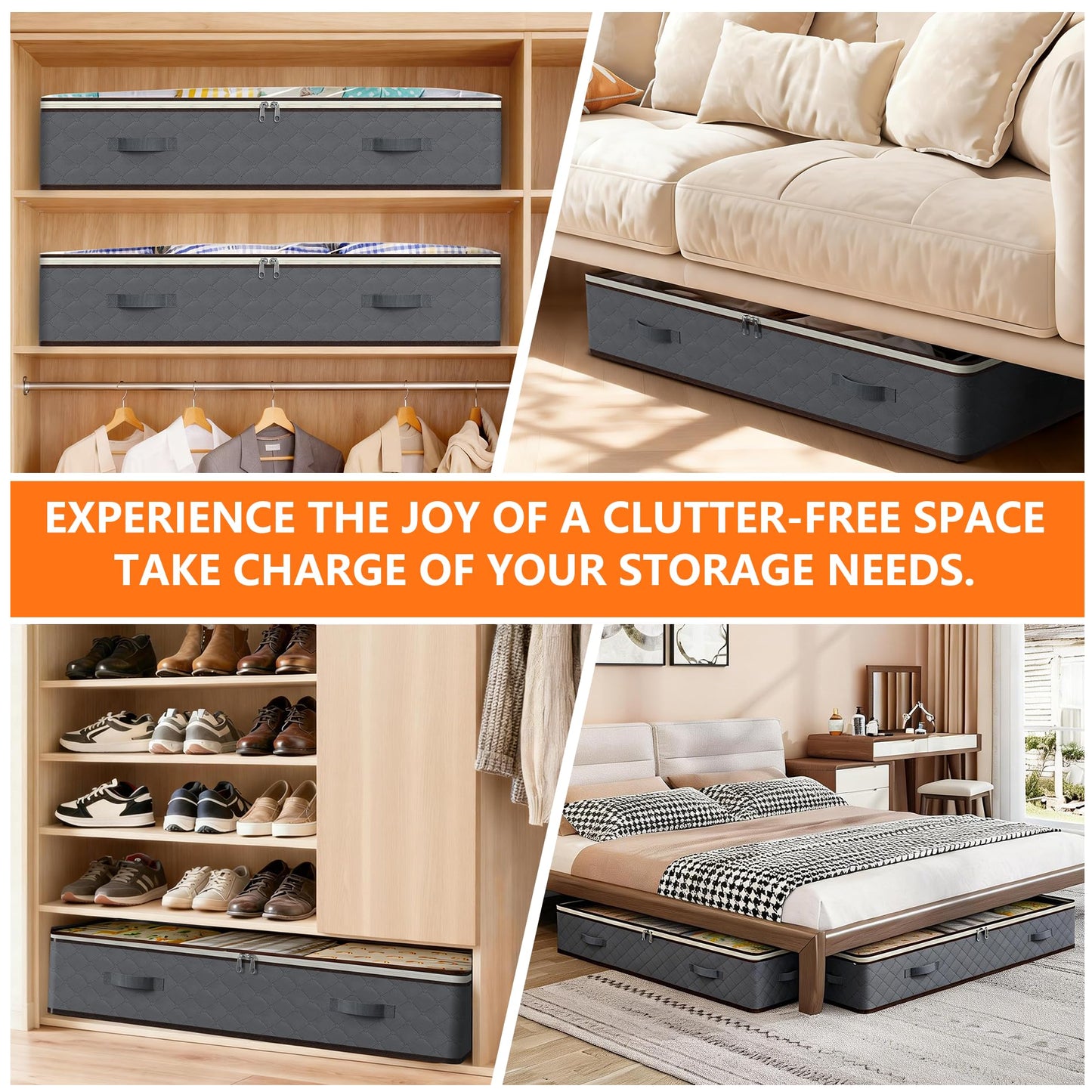 90L Under Bed Storage Containers,4-Pack Closet Organizers and Storage Bins,for Organization and Storage Clothes, Shoes, Blankets & Pillows,Visible Transparent Top Storage Bins with Lids, Grey