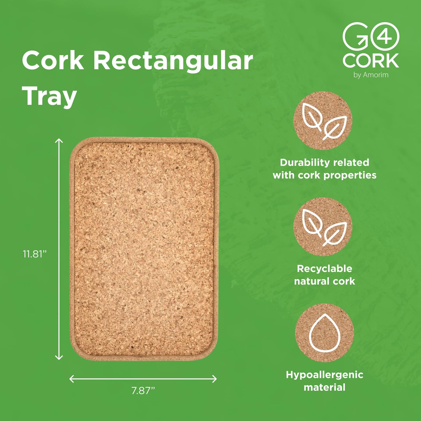 Go4Cork Cork Rectangular Tray - 300x200mm (11,81" x7,87) | Heat Resistent, Reusable, Easy to Clean