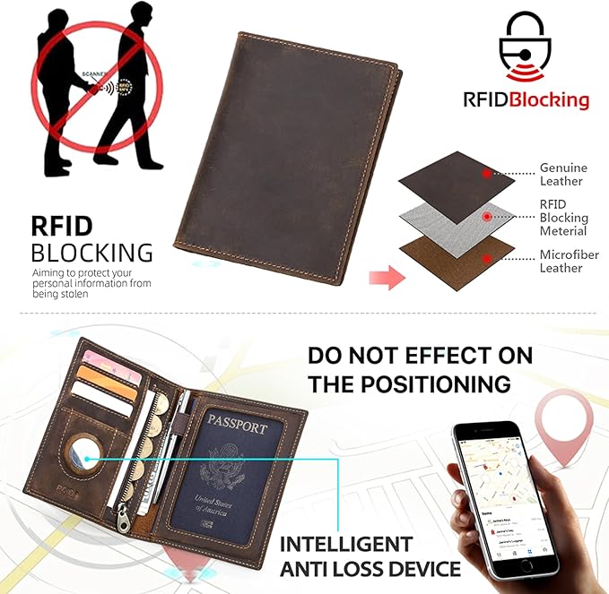 Top Grain Leather Single Travel Passport Wallet Embossing Badge for Unisex, Folio Design for Passport & Multi Cards, RFID Blocking for Passport/Cards/Checks/Bills/AirTag, Coffee Default, RU