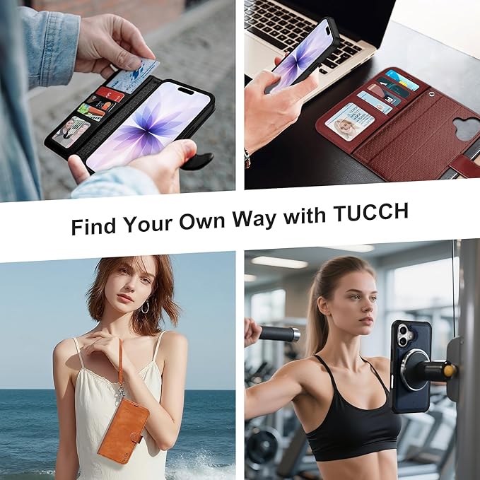 TUCCH Detachable Case Wallet for iPhone 17 (6.3") 2025, Removable Wrist Strap, Wireless Charging, Stand, 4 Card Slots RFID Blocking, 2-in-1 Magnetic, PU Leather, Shockproof Folio Cover, Textured Black
