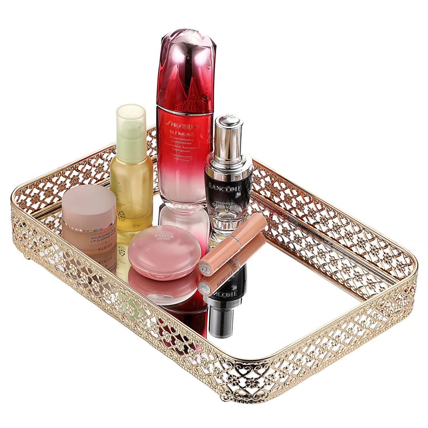 ELLDOO Perfume & Makeup Vanity Tray - Hollow-Carved Jewelry Storage, Glass & Metal Trinket Organizer for Dresser & Bathroom Countertop, Gold, Medium Size