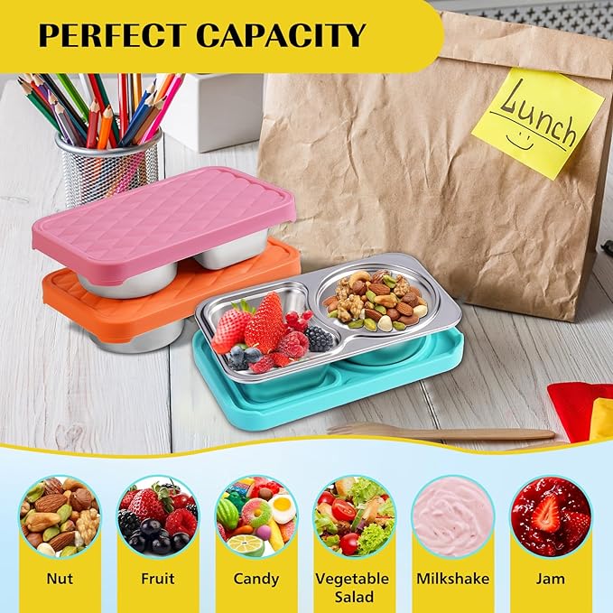 LVQVEV 2 Pack Stainless Steel Snack Containers, 2 Compartment Snack Container with Silicone Lids, Easy Open Leak Proof Reusable Metal Toddler Snack Containers for Daycare (purple, blue)