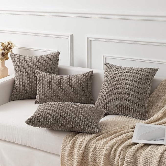 Kevin Textile Throw Pillow Covers Soft Corduroy Decorative Set of 2 Boho Striped Pillow Covers Pillowcases Farmhouse Home Decor for Couch Bed Sofa Living Room 24x24 Inch Light Brown