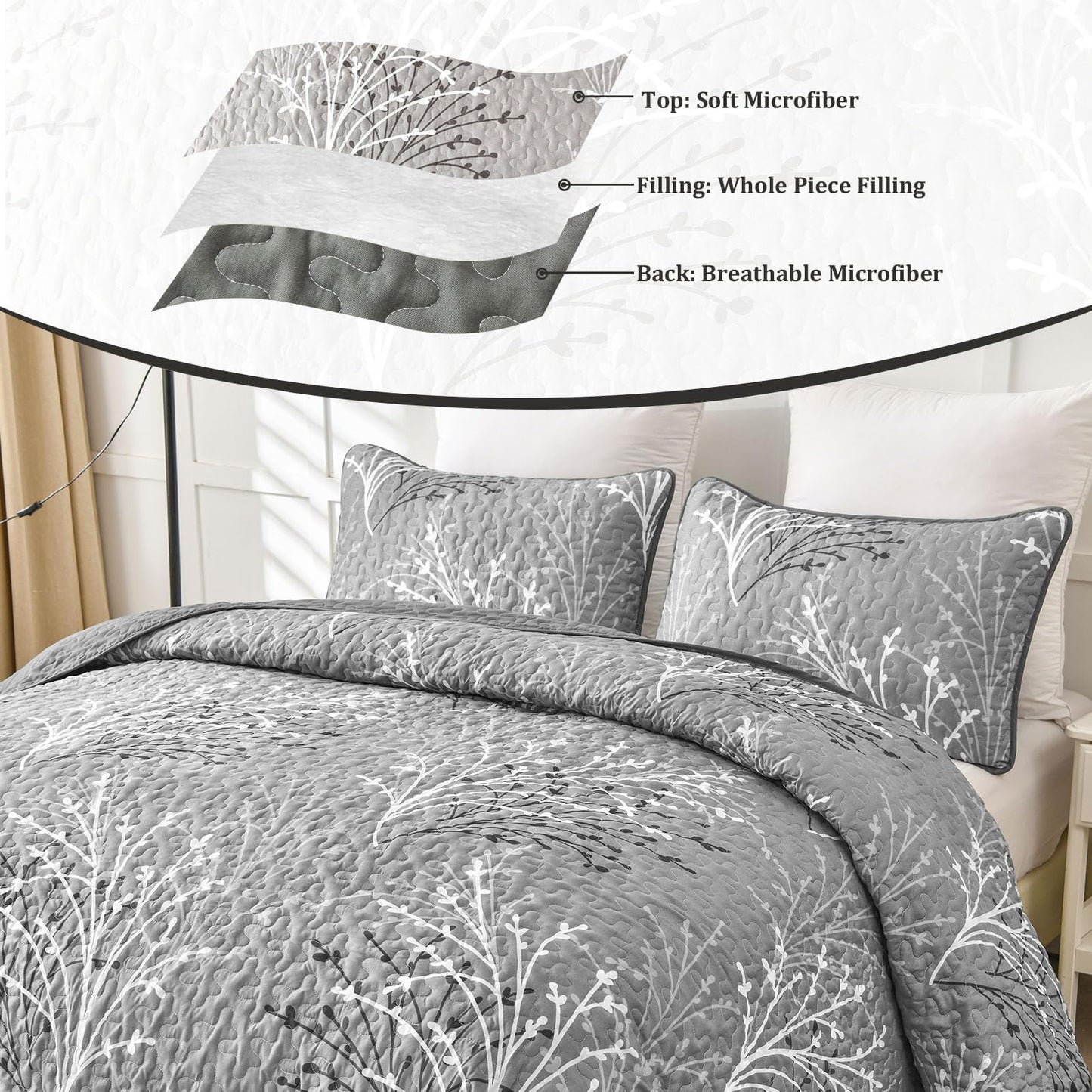 DJY Grey Quilt Set Queen Size - Branch Botanical Pattern Bedspread Coverlet Set, 3 Pieces Gray Floral Quilt Bedding Set, Soft Lightweight Microfiber Reversible Summer Quilt Set