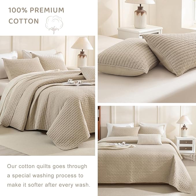 Sanracie Stonewashed Cotton Coverlet King Size(110"x98"), Dark Wheat Colored Cross Stitch Pattern Quilt Bedding Set 3Pcs Extra Soft Breathable Crinkle Quilted Bedspread Set for All Season