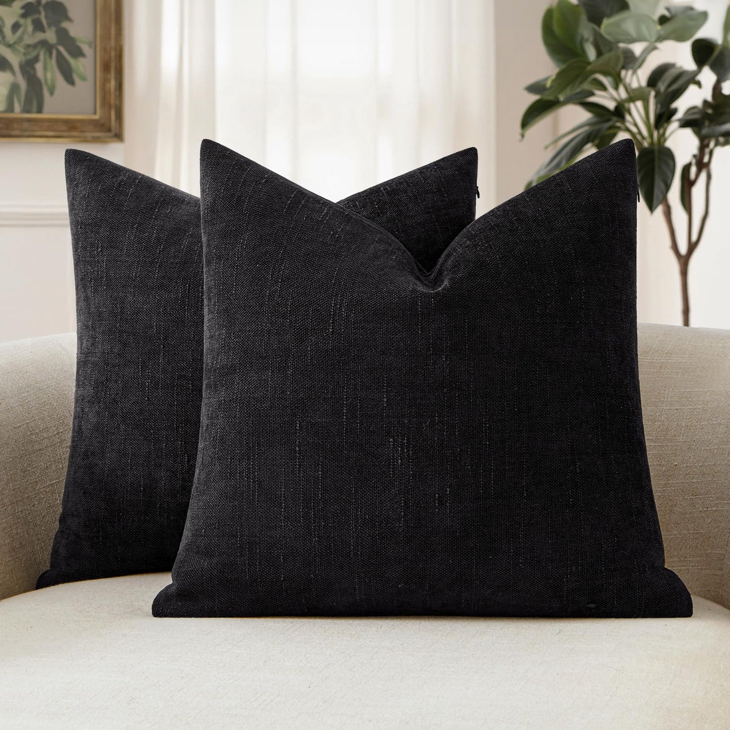 MIULEE Pack of 2 Decorative Throw Pillow Covers Soft Chenille Throw Pillows Solid Neutral Farmhouse Textured Cushion Covers for Couch Sofa Bedroom Living Room 20x20 Inch, Black