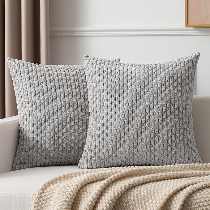 Kevin Textile Euro Sham Pillow Covers 28x28 Inch 2 Packs Soft Boho Striped Corduroy Decorative Throw Pillows for Living Room Couch Bed Sofa Rustic Farmhouse Home Decor 71x71cm Light Grey