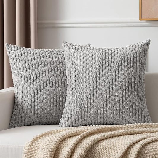 Kevin Textile Super Soft Plush Corduroy Solid Textured Large Boho Throw Euro Pillow Sham Cushion Cover for Couch Floor 2 Pcs 24 x 24 Inch (60cm) Light Grey