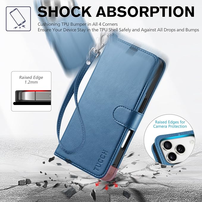TUCCH Wallet Case for iPhone 17 Pro (6.3-Inch) 2025, Wrist Strap | RFID Blocking 4 Card Holders | Stand | Shockproof TPU Shell | PU Leather | Magnetic | Protective Flip Cover | Light Blue