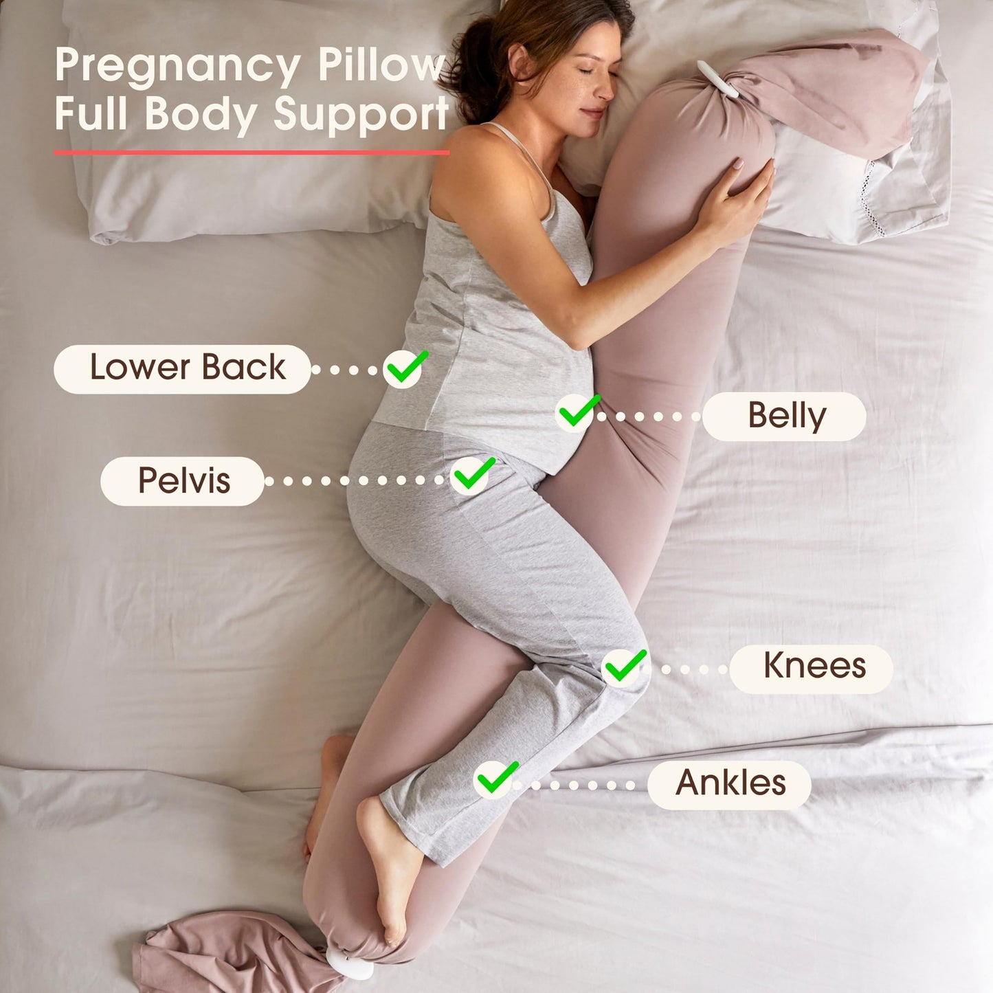 bbhugme Adjustable Pregnancy Pillow with Dusty Pink Cover & Extra Stone Cover - Full Body Support for Pregnant Women