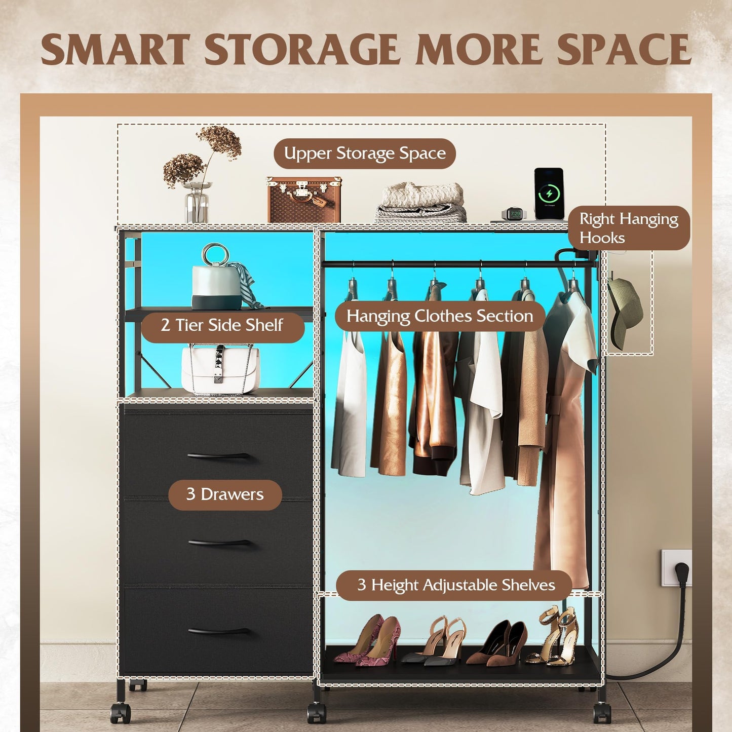 WLIVE Black Dresser with Hanging Rack for Bedroom, 3 Drawer Dresser with LED Lights & Charging Station, Fabric Dressers & Chest of Drawers, Storage Organizer with Open Shelves for Living Room